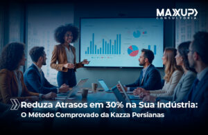 Equipe da indústria em reunião de gestão eficiente, analisando KPIs e planejando redução de atrasos na produção