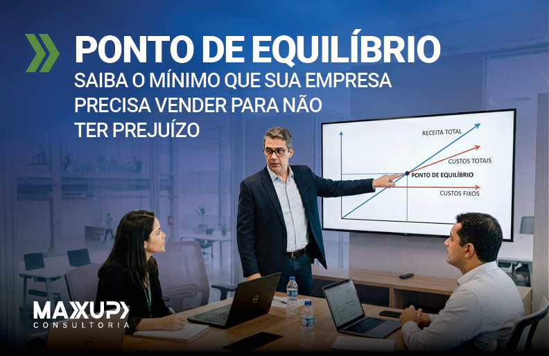 Gestor explicando ponto de equilíbrio em gráfico de break-even durante reunião de planejamento financeiro