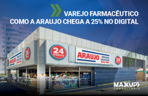 Fachada da Drogaria Araújo com headline sobre transformação digital no varejo farmacêutico — case MaxUp Consultoria