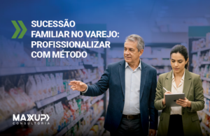Pai e filha brasileiros em supermercado familiar discutindo planos de sucessão — sucessão familiar no varejo supermercadista