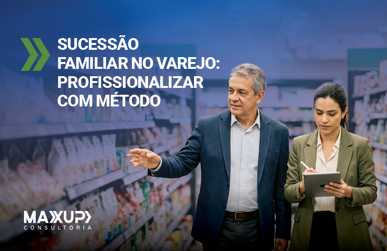Pai e filha brasileiros em supermercado familiar discutindo planos de sucessão — sucessão familiar no varejo supermercadista